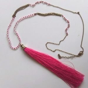 Long 35" Gold Necklace with Long 7" Silky Bright Pink Tassel.
